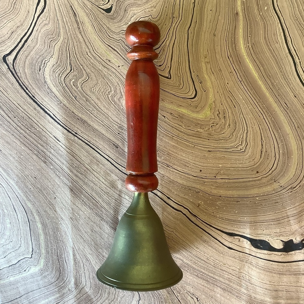 Vintage Antique Red Wood Handle School Brass Bell